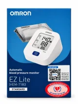Mặt trước vỏ hộp máy đo huyết áp bắp tay Omron EZ Lite HEM-7180 có tem bảo hành chính hãng