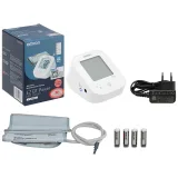 Bộ sản phẩm Omron HEM-7183 kèm bộ đổi nguồn adapter AC, vòng bít, 4 pin AA và vỏ hộp