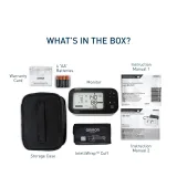 Bộ sản phẩm Omron HEM-7383T1 gồm túi xách da, vòng bít IntelliWrap, 4 pin AA và sách hướng dẫn