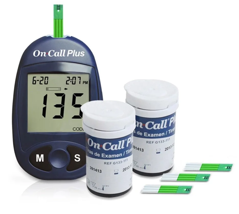 Trọn bộ thiết bị đo đường huyết On Call Plus gồm máy túi đựng bút chích máu và que thử