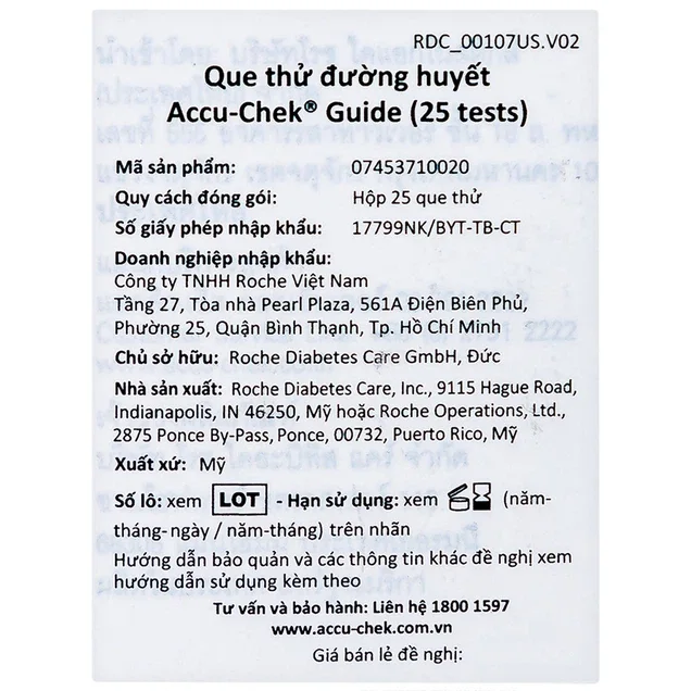 Tem phụ tiếng Việt ghi rõ thông tin nhập khẩu và số công bố que thử Accu-Chek Guide