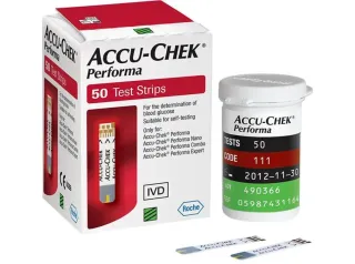 Hộp que thử đường huyết Accu-Chek Performa 50 que kèm lọ đựng và 2 que thử mẫu