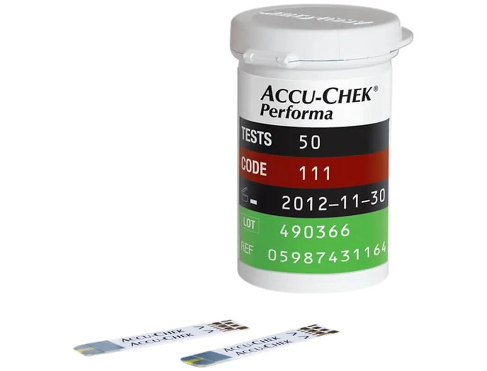 Lọ bảo quản 50 que thử Accu-Chek Performa nắp trắng kín khí và que thử đo đường huyết