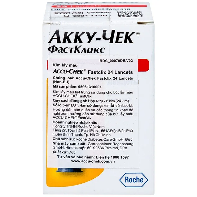 Nhãn phụ tiếng Việt hướng dẫn sử dụng kim lấy máu Accu-Chek FastClix cho máy Guide Performa