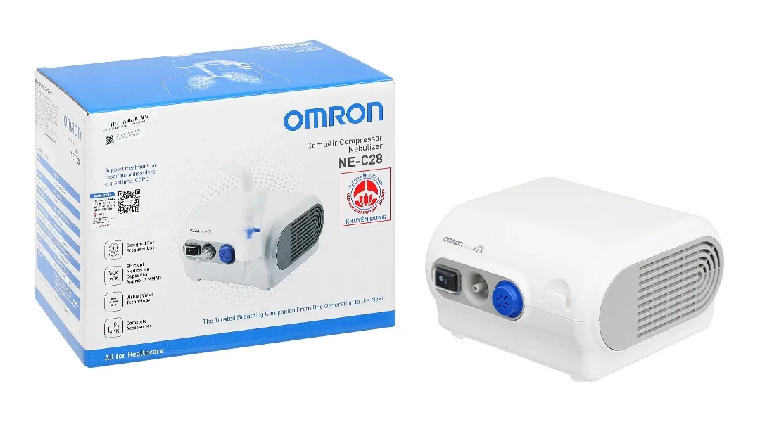 Thân máy xông mũi họng Omron NE-C28 nén khí công suất lớn bên cạnh vỏ hộp