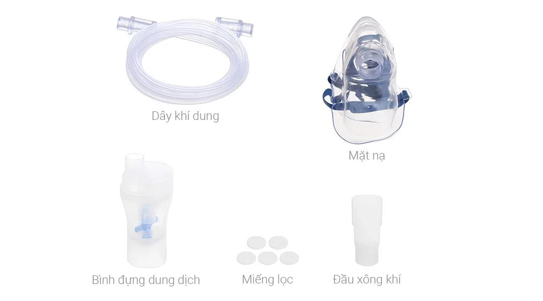 Bộ phụ kiện máy Omron NE-C28 gồm dây dẫn khí cốc xông thuốc mặt nạ và ống ngậm