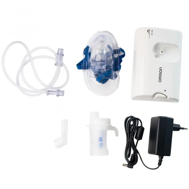 Các chi tiết bộ máy Omron NE-C801 gồm thân máy củ sạc mặt nạ ống thở và dây dẫn