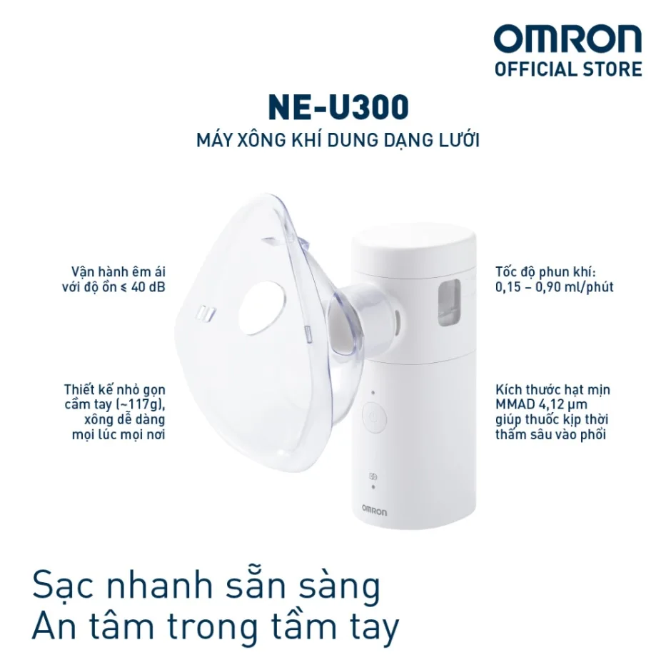 Tính năng sạc nhanh Type-C và thông số độ ồn dưới 40dB của máy Omron NE-U300