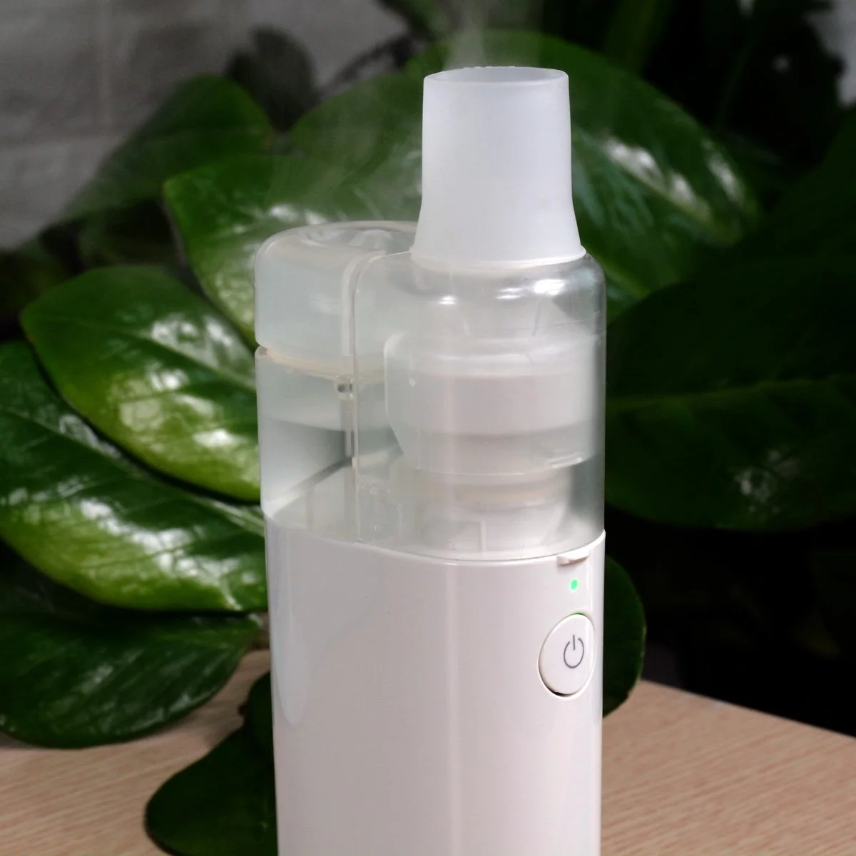 Máy xông khí dung siêu âm Omron NE-U100 góc chụp cận cảnh đầu xông trên nền cây xanh