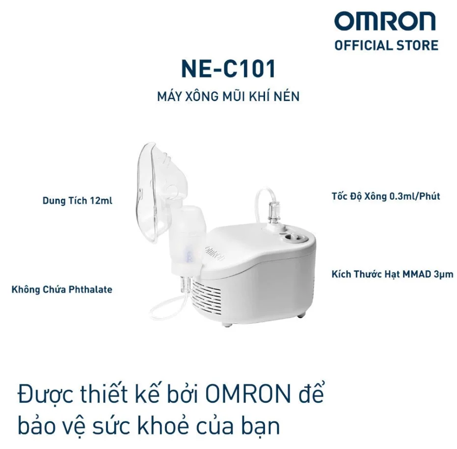Máy xông mũi khí nén Omron NE-C101 dung tích 12ml tốc độ xông 0.3ml phút hạt MMAD 3um
