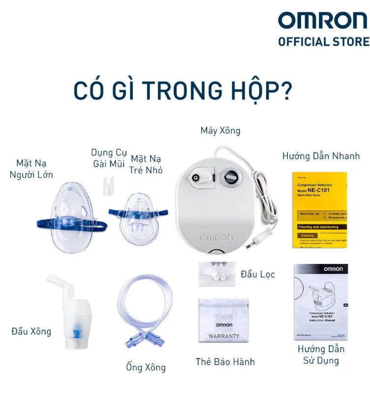 Trọn bộ đóng gói sản phẩm Omron NE-C101 gồm thân máy 2 mặt nạ ống xông và thẻ bảo hành