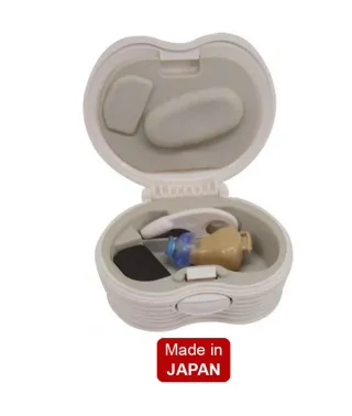 Hộp đựng máy trợ thính nhét tai Rionet HM-04 Made in Japan thiết kế hình vỏ sò màu trắng