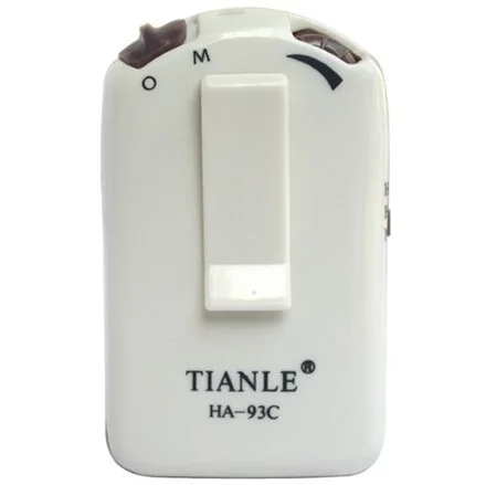 Mặt trước thân máy Tianle HA-93C trang bị kẹp cài áo và công tắc nguồn O-M