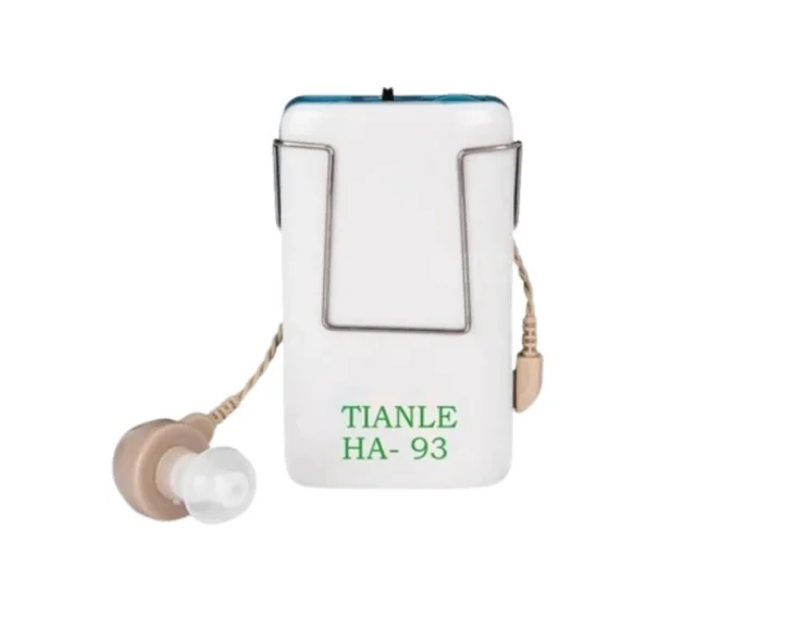 Máy trợ thính có dây Tianle HA-93 thân màu trắng viền xanh kèm tai nghe có núm silicon