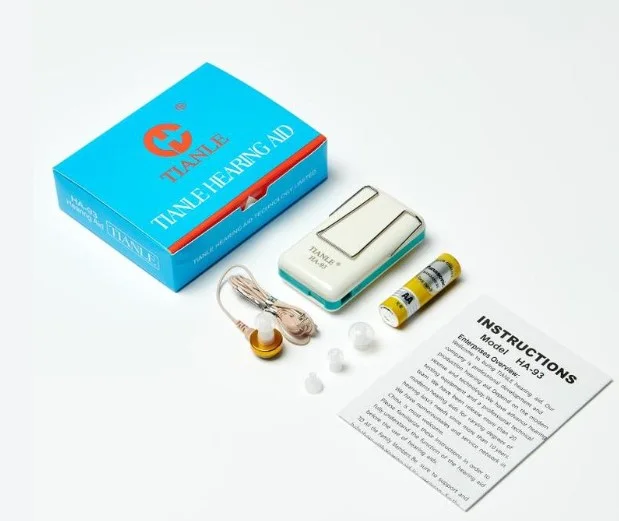 Bộ sản phẩm máy trợ thính Tianle HA-93 gồm hộp giấy pin AA tai nghe và sách hướng dẫn