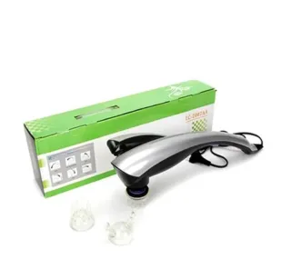 Máy massage cầm tay 3 đầu King Massage LC-2007AA bên cạnh vỏ hộp màu xanh