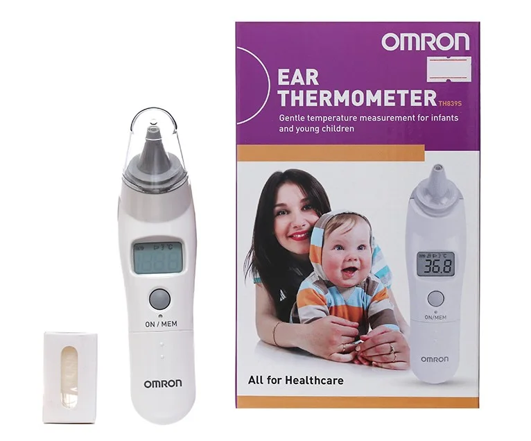 Bộ sản phẩm Omron TH839S gồm thân nhiệt kế hộp vỏ bọc đầu đo và sách hướng dẫn
