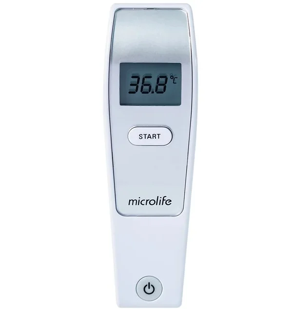 Mặt trước nhiệt kế Microlife FR1MF1 với màn hình LCD lớn và nút bấm Start đo nhiệt độ
